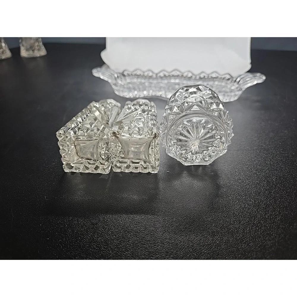 Vintage Crystal Glass Condiment Set Salt  Pepper Mustard Jam On Tray‎